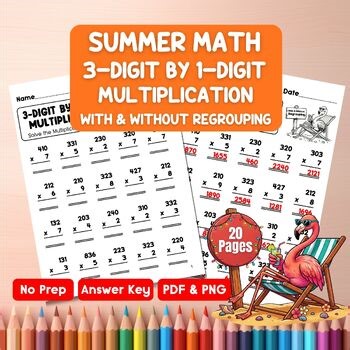 3-Digit by 1-Digit Multiplication Worksheets with & without Regrouping | Summer