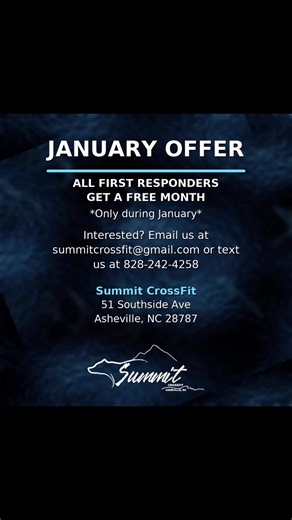 Beginning January 2026, and rotating monthly, Summit will be offering a free 30-day membership to different working groups in our community. *** January’s featured group: First responders (police officers, firefighters, EMTs/paramedics, and 911 dispatchers). . Interested? Email us or text us! We’re excited to welcome you into the Summit community. _____________________________________________ . #ashevillefitness #828isgreat #asheville #crossfit #ashevillenc | SuMMit CrossFit