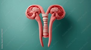 Detailed medical illustration of the female reproductive system, showing the uterus, fallopian tubes, and ovaries on a green background.