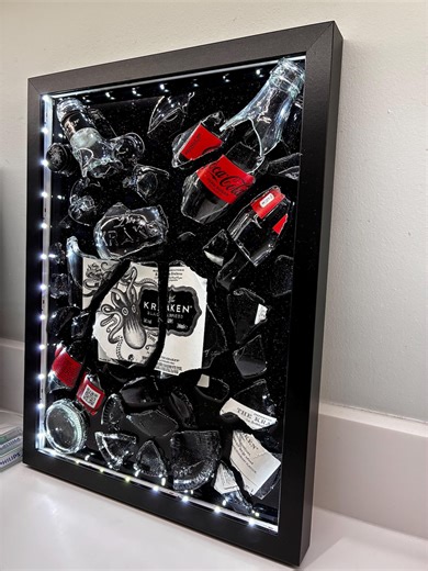 Resin Glass Art , Smashed Spiced Rum Bottle With Battery Powered LED Lights in Black Vinyl Background Set in Resin on a Luxury Frame. - Etsy UK
