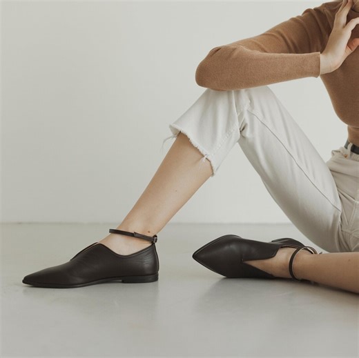 Brown Ballet Flats With Notched Vamp V-cut and Ankle Strap, Handmade Low Heels Ballet Shoes, Natural Leather Women Ballerina Loafers - Etsy