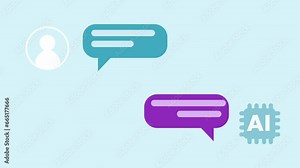 Animation of a chat with an AI chat bot in a chatroom. Chatting with an artificial intelligence. AI answering questions via chat. Blue background and green screen background.