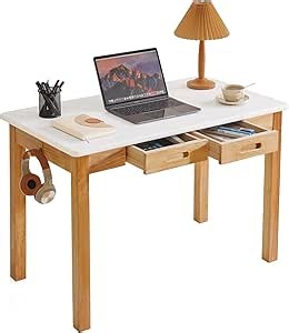 Small Computer Desk Table, Wood Writing Desk with Drawers and Hooks, 39x22x30inch Work Study Table, Wooden Dining Table White + Natural Wood Legs YD-WD02WN