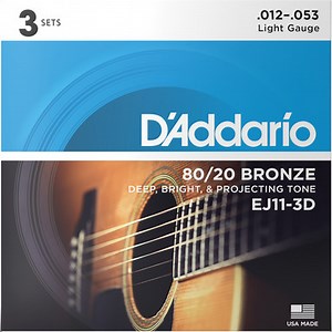 D'Addario 3 Pack EJ 80/20 Bronze Acoustic Guitar Strings EJ11-3D Light 12-53