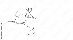 Self drawing animation of single line draw boy, girl riding cute bull. Children sitting on back bull with saddle in cowboy ranch. Kids learning to ride bull. Continuous line draw. Full length animated