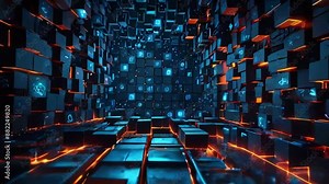 A futuristic landscape glowing cubes represent quantum computers data. The cubes power of big data and blockchain technology, 4K wallpaper animation video
