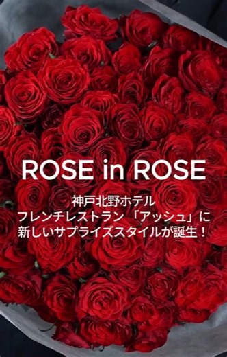神戸北野ホテル on Instagram: "✨ 🌹新しいサプライズスタイル【ROSE in ROSE】🌹✨ 神戸北野ホテル フレンチレストラン「アッシュ」では、記念日を彩る特別な演出として【ROSE in ROSE】をご用意しております。 ⠀ 「生まれ変わってもあなたを愛します」 そんな想いを込めて贈る、33本の薔薇の花束🌹 ⠀ その花束をそっと覗いてみると… 真ん中にはまるで本物の生花のような薔薇のスイーツが隠れています✨ ⠀ 薔薇の中に、もうひとつの薔薇をそっと仕掛けたサプライズ。 大切な人への想い、普段はなかなか言葉にできない想いを 【ROSE in ROSE】に込めて届けてみませんか？ 心ときめくロマンチックな演出をお楽しみください😊 フレンチレストラン「アッシュ」【ROSE in ROSE】概要 ◾料金 ●ランチ お一人26,000円（税・サービス料込）2名様より ●ディナー お一人32,000円（税・サービス料込）2名様より ※3日前までに要予約 ※動画はイメージです。 ※お知らせした内容は食材の仕入れ状況等により変更する場合があります。 ご予約・詳細は @kob