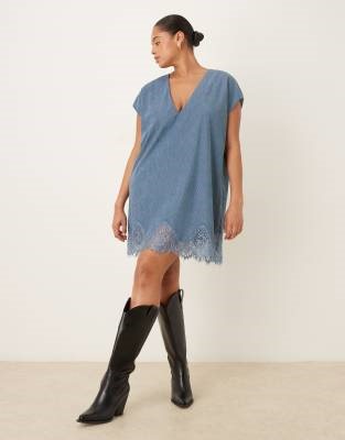 ASOS DESIGN Curve cord lace trim shift mini dress in denim blue | ASOS