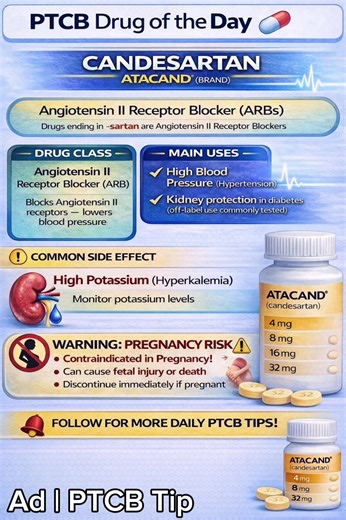 Learn about Candesartan (Atacand®), an Angiotensin II Receptor Blocker used to treat high blood pressure and support kidney health. Perfect quick review for PTCB pharmacy exam prep. Follow for more daily pharmacy tips and drug reviews! #PTCB #PharmacyTech #DrugOfTheDay #Candesartan #Top200Drugs