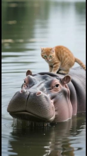 Kitten Rides a Hippo to Work — The Cutest Morning Commute Ever! #viral #usa