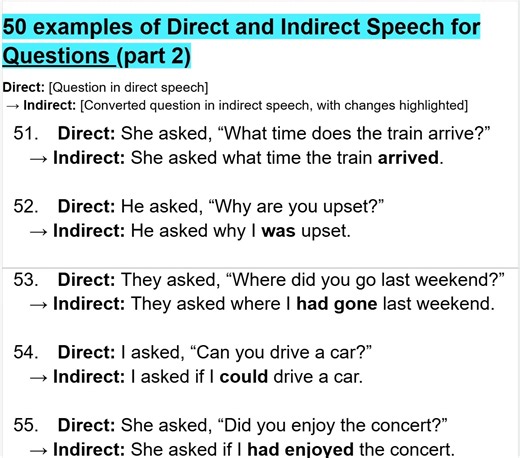 60K views · 699 reactions | 50 examples of Direct and Indirect Speech for Questions (part 2) | Empowering English Learning | Facebook