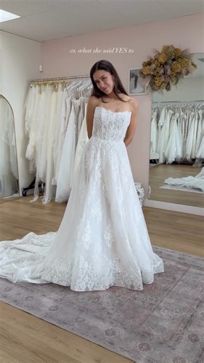 one of my favorite parts about helping brides finding the dress is watching the magic unfold when they realize the gown they never expected ends up being “the one.” so often brides come in with a vision — a certain silhouette, fabric, or designer in mind — but once they start trying dresses on, everything changes. wedding dresses have a way of speaking to you in person — how they move, how they feel, and most importantly, how they make you feel. sometimes the dress you never thought you’d love i