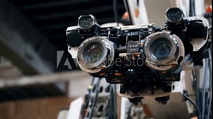 Sophisticated sensors and cameras are mounted on a demolition robot, enhancing precision and safety during complex operations in a construction environment