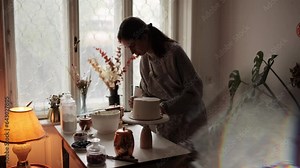 Happy woman in apron in kitchen makes beautiful cake cooking and pastry skills The process of cooking Step by step Unsurpassed pre-holiday atmosphere and home comfort