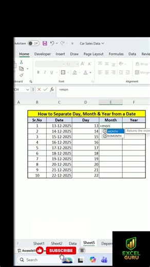 How to separate day month and year in excel