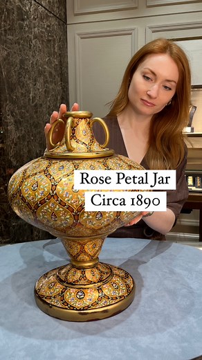 This monumental Moser glass rose petal jar is an extraordinary example of late 19th-century Persianate design. The entire work is lavishly adorned with intricate raised enamels and gilded arabesques. During the Victorian era, such jars were popular for storing rose petals for a pleasant aroma. However, the exceptional size and elaborate craftsmanship of this example make it a rare and remarkable find.View more details on our website. Item No. 32-0639.#msrau #antique #vintage #artglass #history #