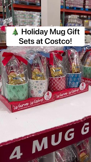 🎄 Holiday Mug Gift Sets at Costco! Each set comes with 4 holiday-themed mugs, hot cocoa, and tasty treats! 😋 ($23.99) #costco #giftideas #giftset #holidaymugs