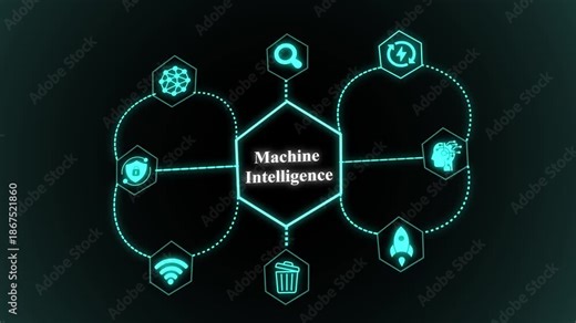 Machine intelligence visualization showing interconnected system nodes, digital processing hub, automated logic paths, and advanced computational architecture.