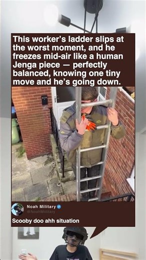 This worker’s ladder slips at the worst moment