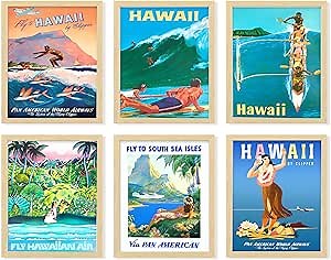 97 Decor Hawaii Room Decor - Vintage Hawaiian Art Wall Decor, Surf Poster, Surfing Pictures Wall Art, Retro Hawaii Posters, Summer Tropical Beach Hawaiian Island Print for Bedroom (7x10 UNFRAMED)