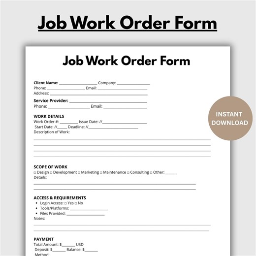 Editable Job Work Order Form, Business Job Work Order Template, Job Work Order Tracking, Printable Job Service Work Order Form. Instant PDF - Etsy