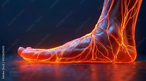A glowing anatomical representation of a foot showcasing veins and arteries in vibrant colors.