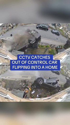 Jaw-dropping CCTV footage captured the moment a speeding BMW crashed into the front of a house and flipped on its side before the occupants miraculously clambered out unscathed. The black BMW 320 ploughed into the front garden of a house in Bradford at around 6.15pm yesterday. West Yorkshire Police are now searching for the two people who fled the crash. The shocking clip shows the car as it skid along the road before it hit the kerb and rolled over. 🎥 Bartosz Przewiezlikowski via Storyful #uk 