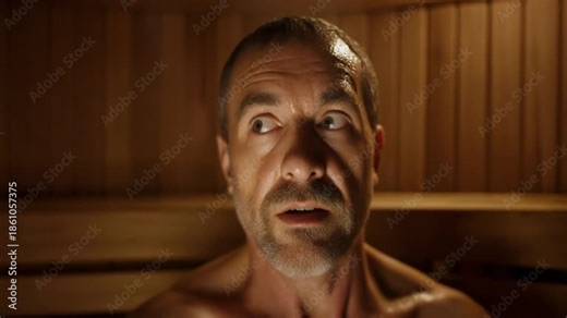 Distressed man sweating heavily in a sauna, a physical symptom of severe hormonal imbalance