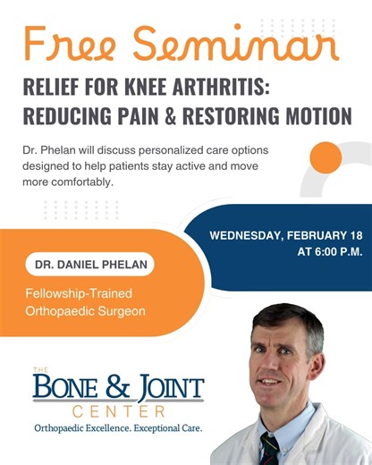 Knee arthritis affecting your daily activities? Join Dr. Daniel Phelan for a FREE educational seminar on Wednesday, February 18 at 6:00 p.m. Learn about the causes of knee arthritis, diagnosis options, and both nonsurgical and surgical treatments that can help reduce pain and restore motion. Discover personalized care options to help you stay active and move comfortably. 📍 The Bone & Joint Center Ground Floor Auditorium 1367 Washington Avenue, Albany, NY 12206 To register, please call (518) 292