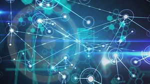 Animation of chemical formulas and network of connections on blue background. global connections, science, data processing and digital interface concept digitally generated video.
