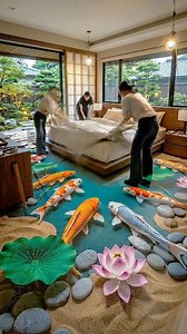Floating Dreams🎏 | Koi Pond Bedroom by Sarah’s Creativity" Sleep above serenity. This breathtaking bedroom by Sarah’s Creativity features a floating platform bed suspended over a lifelike koi pond epoxy floor. Beneath the soft glow of underlighting, colorful koi fish swim among lily pads and smooth stones, creating a peaceful illusion of water and depth. Floor-to-ceiling glass doors open to a manicured Japanese garden, blurring the line between indoor calm and outdoor harmony. It’s not just a b