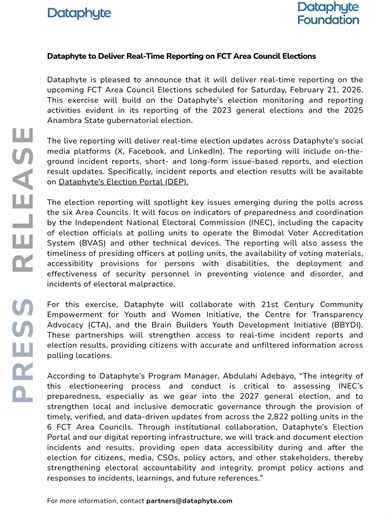 Dataphyte Foundation | As citizens across the six FCT Area Councils head to the polls for the 2026 FCT Area Council Elections, Dataphyte will provide live updates... | Instagram