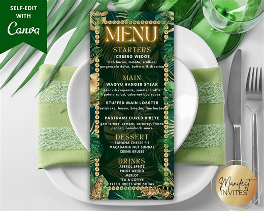 Editable Tropical Birthday Party Menu and Drink Card, Palm Leaves Jungle Safari Theme, Glam Summer Party Decor, Printable Canva Template - Etsy