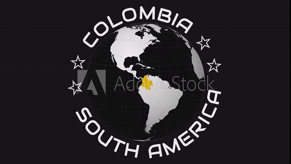Colombia map. Animated zoom into the country on the Globe in Black White color palette. Country logo animation. Map with meridians, parallels. Appealing video.