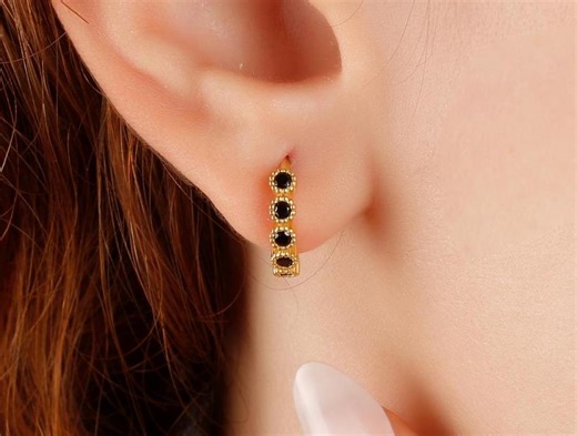 Black Onyx Stone Silver Hoop Earrings, Dainty Yellow Gold Huggie Earrings, Delicate Diamond Black Small Stud Earrings, Tiny Studs Earrings - Etsy