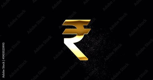 Gold rupee symbol with glare and glittering falling particles, specular highlight reflection and golden dust is drifting down from Indian rupee, INR currency sign, footage