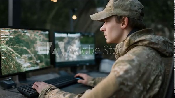 Close-up of drone telemetry displays and live video feeds being monitored by soldiers, highlighting technology-enhanced situational awareness, remote surveillance, and tactical UAV integration.