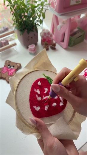 The strawberry coaster kit is live! ourcheerycorner.com 🍓#punchneedle #diycraftkit #cutecrafts