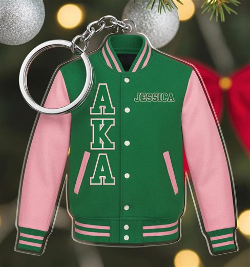 Personalized AKA Varsity Jacket Keychain Custom Name, Alpha Kappa Alpha Sorority Gift, AKA 1908 Keyring, Pink and Green Sorority Present