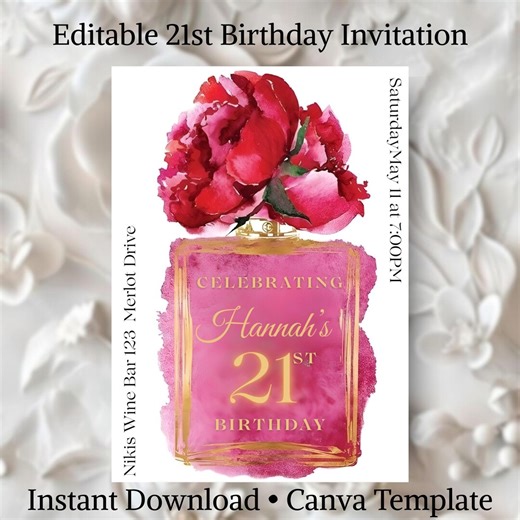 Pink Gold Perfume Bottle 21st Birthday Invitation | Editable Canva Template (instant Download) - Etsy