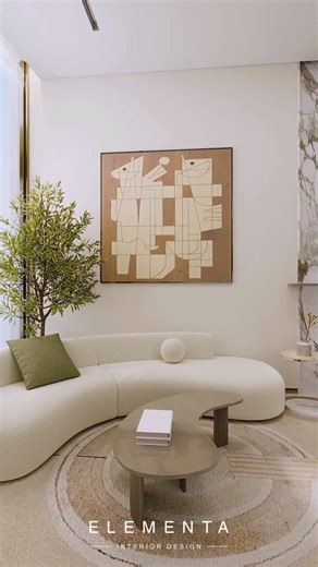 Elementa Interior Design on Instagram: "Watch this living space come to live ✨ Soft curves, layered textures and a soothing neutral palette create a beautifully warm atmosphere — all gently balanced by the natural light flooding in through the full-height windows. With views of the pool and garden acting as part of the design, this living room feels calm, connected and effortlessly refined. A moment of tranquillity, crafted with intention. #movingrender #interiordesigncomingtolive #elementadesig