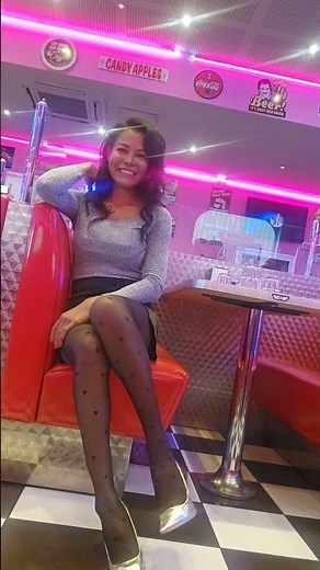 My outfit in the restaurant mini skirt polka dot tights and highheels shoes