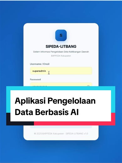 RANCANGAN APLIKASI SISTEM PENGELOLAAN DATA KELITBANGAN BAPPEDA SIPEDA-LITBANG (Sistem Informasi Pengelolaan Data Kelitbangan Daerah) FITUR APLIKASI Manajemen User Login Admin Bappeda Login Operator OPD Manajemen User Role Akses Admin Role Akses OPD Role Akses Viewer Reset Password Log Aktivitas Pengguna Dashboard Monitoring Dashboard Statistik OPD Grafik Kelengkapan Data Grafik Indikator Pembangunan Monitoring OPD Input Data Grafik Perkembangan Data Tahunan Manajemen Data OPD Input Data OPD Edit
