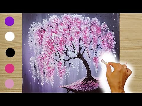 Bright Cherry Blossom Tree/ How to Paint whit Cotton Swab / Acrylic Painting Landscape for train