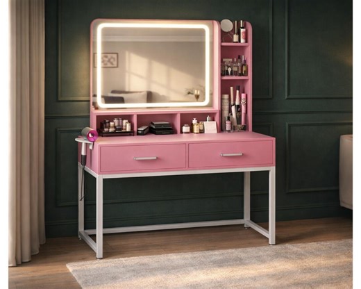 Makeup Vanity Desk With Lighted Mirror, Drawers, Shelves & Power Strip – Modern Dressing Table - Etsy
