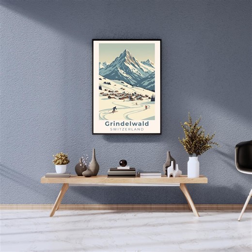 Grindelwald Ski Resort Poster, Swiss Alps Switzerland Winter Travel Print, Retro Mountain Wall Art - Etsy
