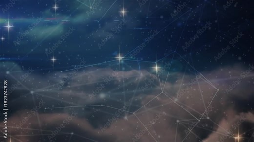 Cloud bank and network responding to aurora pulse, shifting lines, brightening stars, evoking calm