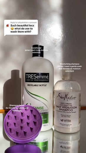 Replying to @safiyahokilo I have two wash routines: • one that focuses on clarifying my hair and removing any potential buildup on my locs and • another that focuses on moisture retention — these are the products I use when I want to focus more on moisture retention for my locs. NB: I use the conditioner sparingly and I use it only on my loc lengths not my scalp. #locs #locmaintenance #locmoistureroutine #locproducts #locsjourney #loccare #dreadlocks #@SheaMoisture @TRESemmé