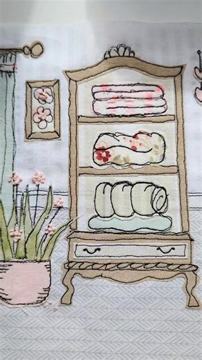 I came across this little free-motion embroidery scene I stitched last year and had to share it again. I still love the soft pastel fabrics, the tiny framed flower, and that little pot plant — it’s amazing how a few threads and scraps of fabric can bring a whole cosy corner to life. It’s lovely looking back and remembering how relaxing these slow stitches were. #freemotionembroidery #textileart #stitchillustration #helennewtonsews #fabricart #sewingjoy | Helen Newton Sews