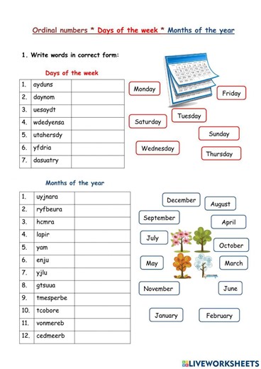Ordinal numbers, days, months worksheet